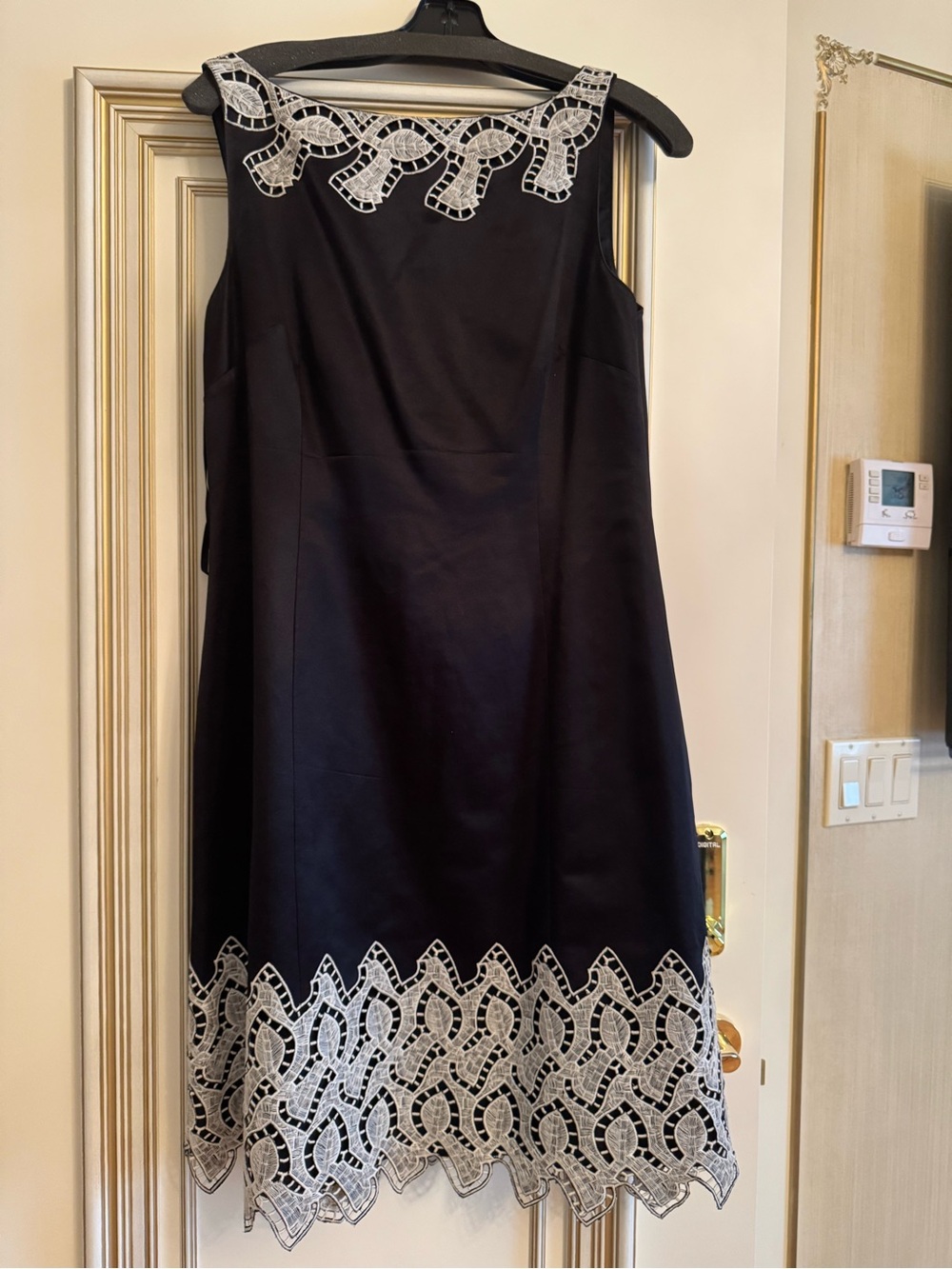 Black Midi Dress with White Lace Hem and Neckline